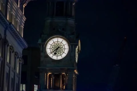 Night panoramic cityscape from architectural clock on Sidney, february, 2018 Stock Photos