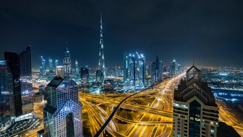 Night Panoramic Hyperlapse timelapse of dubai over the Highway, Burj Khalifa Vídeos de archivo 96024627