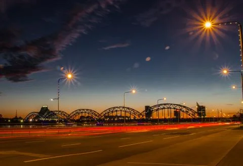 Night panoramic scene in Riga Stock Photos