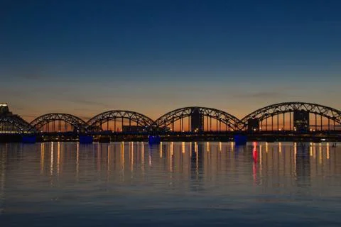 Night panoramic scene in Riga Stock Photos