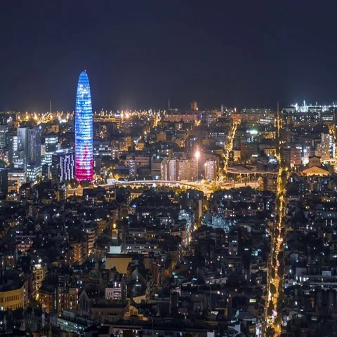 Night panoramic view at Agbar Tower, Barcelona. 스톡 동영상 69539852