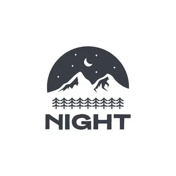 Night panoramic view forest park trees mountain space crescent logo design .. Illustrazione stock