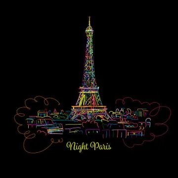 Night Paris,cityscape with Eifel Tower. Sketch for your design Stock Illustration