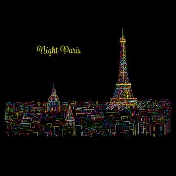 Night Paris,cityscape with Eifel Tower. Sketch for your design Stock Illustration