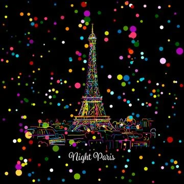Night Paris,cityscape with Eifel Tower. Sketch for your design Stock Illustration