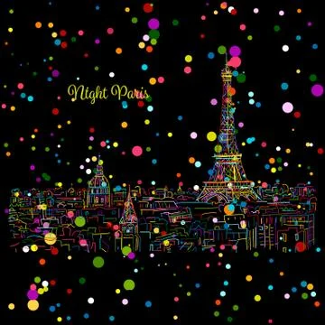 Night Paris,cityscape with Eifel Tower. Sketch for your design Stock Illustration