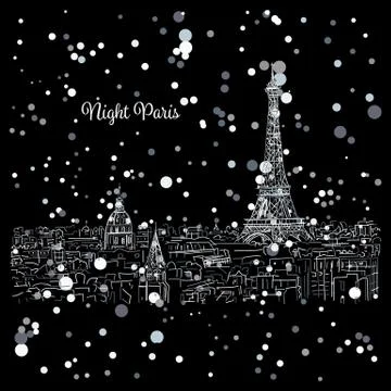 Night Paris,cityscape with Eifel Tower. Sketch for your design Stock Illustration