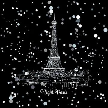 Night Paris,cityscape with Eifel Tower. Sketch for your design Stock Illustration