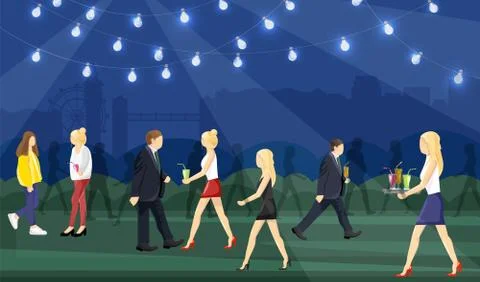 Night party people Vector flat style. Men and women having fun drinking cockt 스톡 일러스트
