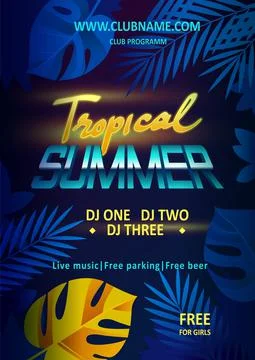 Night party vector flyer template. Tropical summer beach party, night club show Stock Illustration