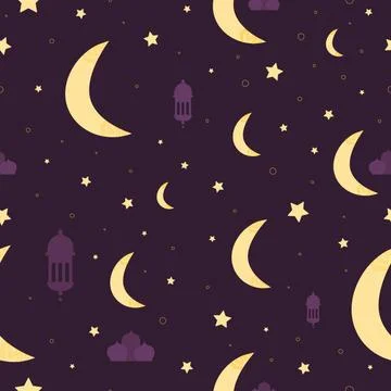 Night pattern on dark violet background with moon and stars, islam gifring card Stock Illustration