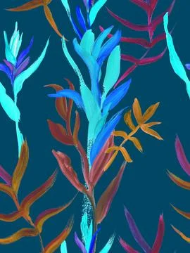 Night pattern with vertical tropical silhouettes of flowers and leaves drawn in Stock Illustration
