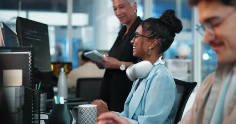 Night, people or programmer at computer with high five, work achievement or team Stock Footage 309139030