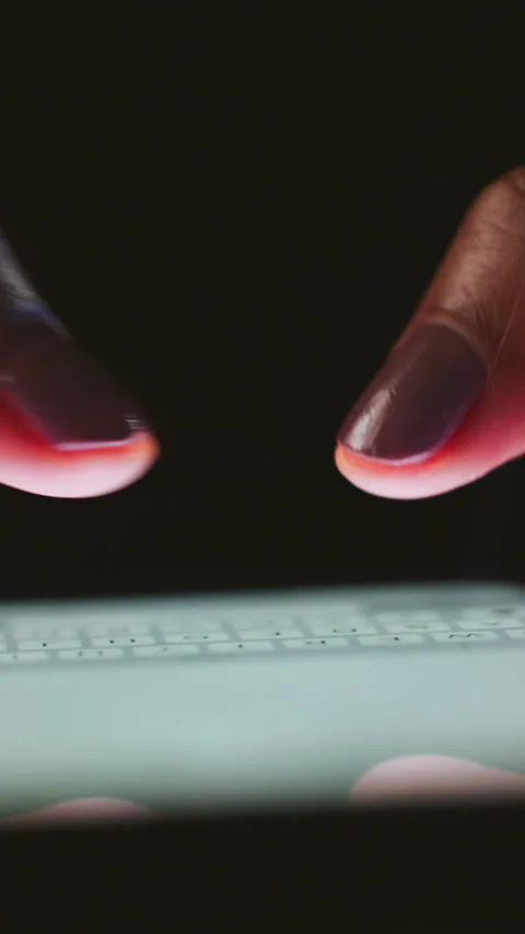 Night, person or hands typing with phone screen, writing phishing email or cyber Stock Footage 333684906