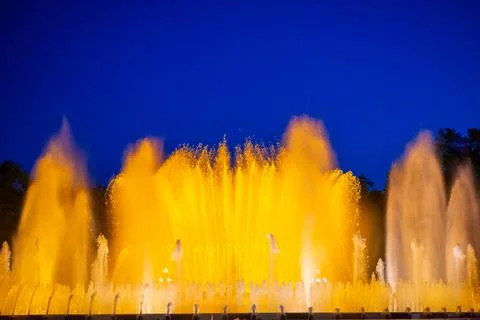 Night Photograph Of The Performance Of The Singing Magic Fountain Of Montjuic Stock Photos