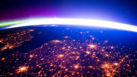 Night Planet Earth Aurora lights seen from space Stock Footage 97028101