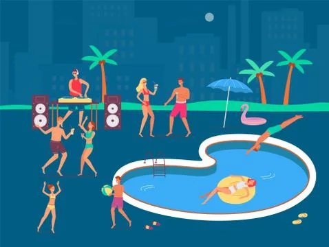 Night pool party background with dancing people flat vector illustration. Stock Illustration