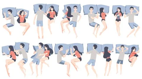 Night poses of sleep couple lying in cozy bed a set of vector illustrations Stock Illustration
