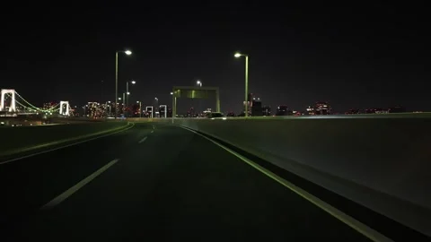 Night POV Driving on Route 11 from Odaiba to Rainbow Bridge, Tokyo Stock Footage 334677337