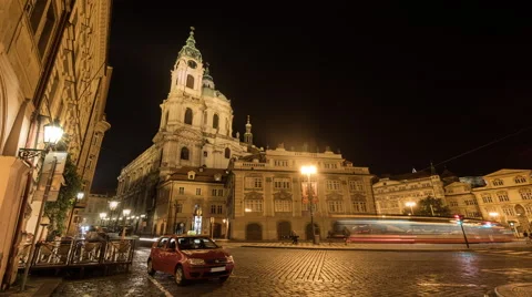 Night Prague with tower and moving car lights Stock Footage 65797427