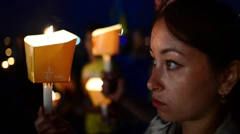 Night Prayer candles in their hands - World Youth Days, Krakow 2016 Stock Footage 67106929