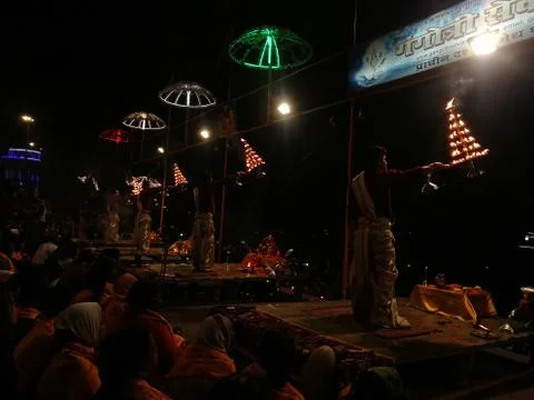 Night prayer on ganga ghat banaras Stock Photos