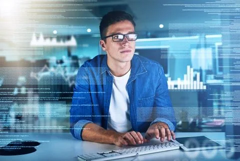 Night, programmer and man in office, typing and overlay of interface, keyboard 스톡 사진