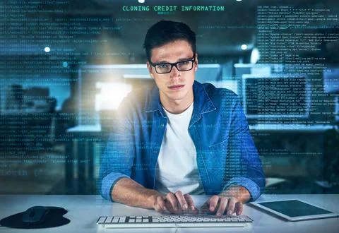 Night, programmer and man in office, typing and overlay of interface, keyboard Stock Photos