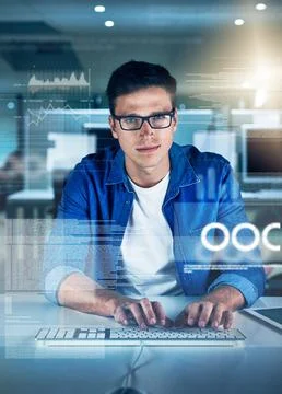 Night, programmer and portrait of man, typing and overlay of interface, keyboard 스톡 사진