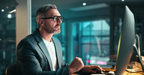 Night, programmer and thinking at computer for coding, web development and Stock Footage 301277920