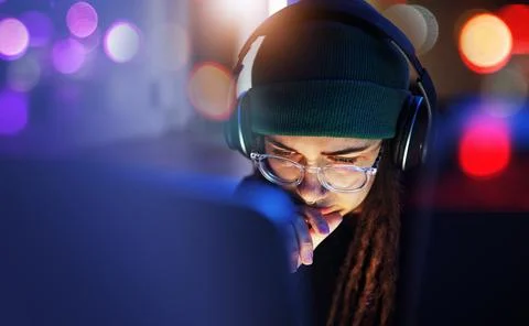 Night, programmer thinking or woman hacker coding, phishing or cybersecurity Stock Photos
