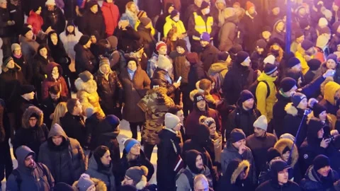 Night Protest Crowd in Riga Latvia Lit by Flashing Blue Police Emergency Lights Stock Footage 342613693