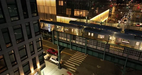Night Queens, Crane Shot, Elevated Subway, LIC, Cinematic, Aerial, New York Stock Footage 171772075