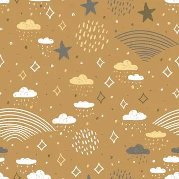 Night rain seamless pattern abstract scales, rain, sky clouds stars, simple N Stock Illustration