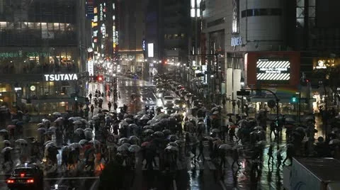 Night Rainfall Precipitation Rain Rush Hour People Walk Tokyo Busy Street Crowd Stock Footage 12422911