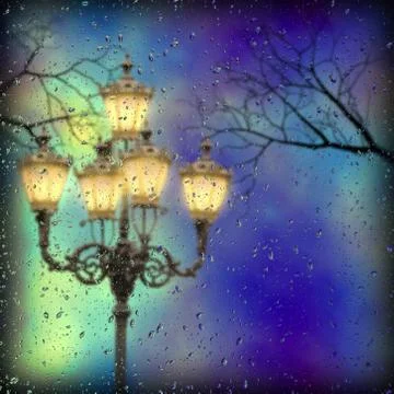 Night at the rainy window Stock Illustration