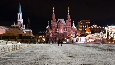 Night red square in winter Stock Footage 70531746