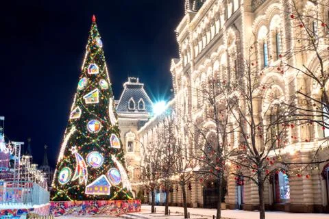 Night red square in winter Stock Photos