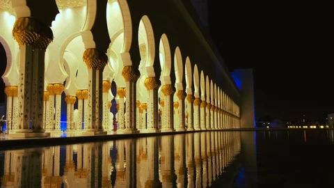 Night reflected in water Sheikh Zayed Bin Sultan Al Nahyan Mosque UAE Abu Dhabi Stock Footage 127759186