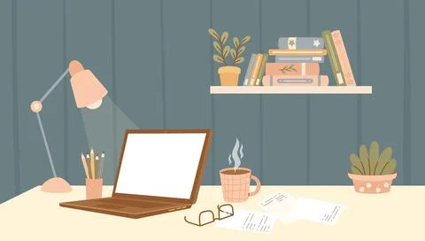 Night Remote Work. Cozy Workspace Home Office Interior. Evening Desk with L.. Stock Illustration