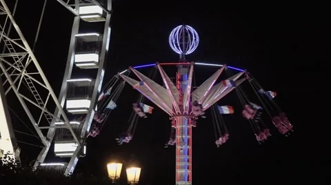 Night Ride Theme Park In Paris, 60fps Stock Footage 65481277