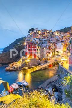 Night Riomaggiore, Cinque Terre, Liguria, Italy Stock Photos