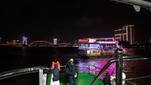 Night River Cruise on the Han River in Da Nang, Vietnam Stock-Footage 347008995