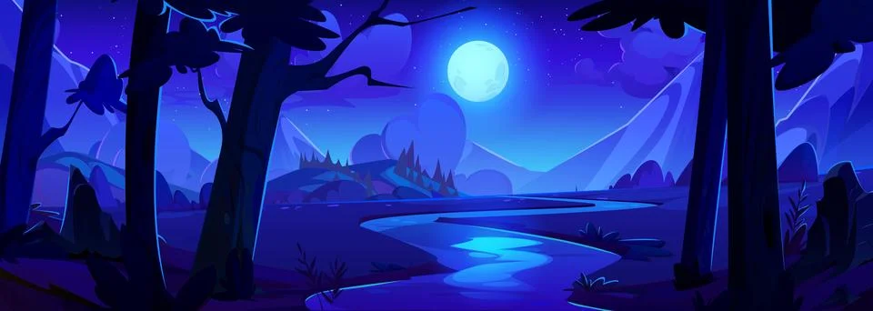 Night river in mountain valley Stock Illustration