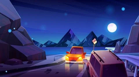 Night road car vector mountain nature landscape Stock Illustration