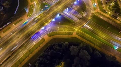 Night road junction circle traffic aerial panorama 4k time lapse minsk belarus Stock Footage 68591480
