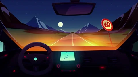 Night road in the mountains under the moon, view from the windshield of the  Stock Footage 269170665
