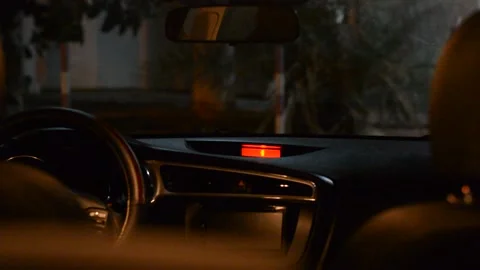 Night road. View from inside car. Natural light. Street and other cars is motion Stock Footage 147057395