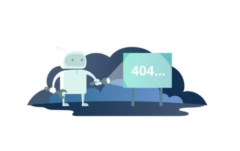 Night robot with flashlight in space signboard 404 error. cute Illustration for Stock Illustration
