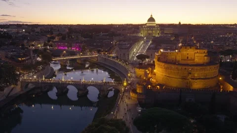 Night in Rome, drone view of Tiber river with Sant Angelo bridge and Castel Sant Stock Footage 320302764